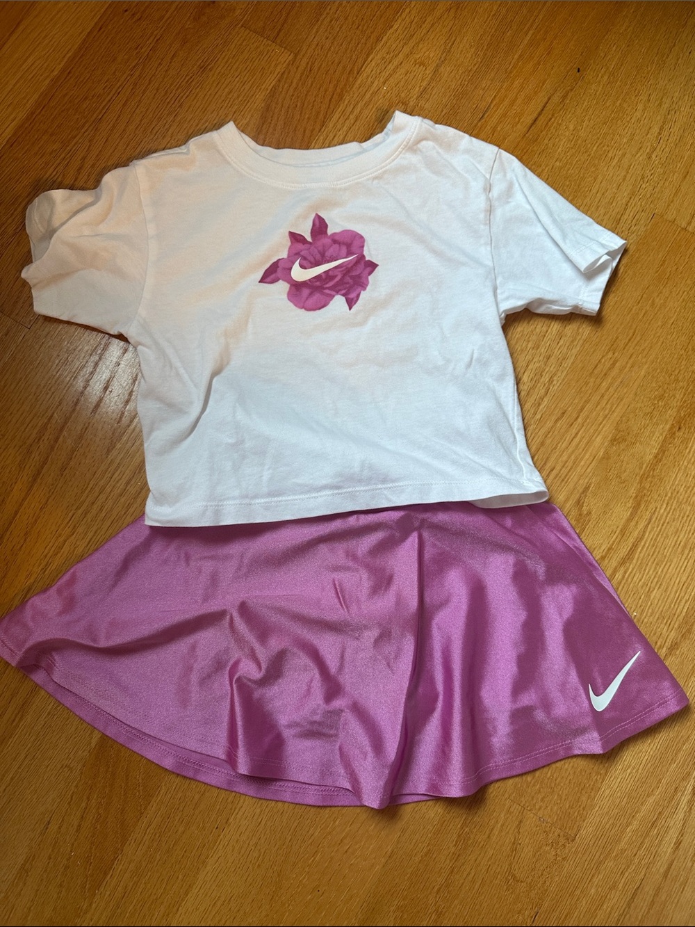 Nike White Crop Tee with Pink Floral Swoosh & Pink Athletic Skirt